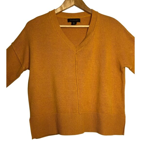 Tahari US Small Sweater V-neck Mustard Yellow Long Sleeve Side Slits - Picture 3 of 16